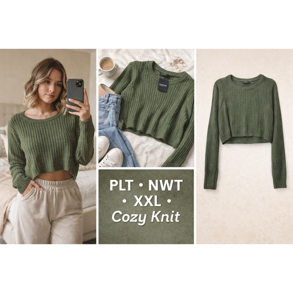 PrettyLittleThing‎  Olive Green Ribbed Knit Cropped Sweater 2XL Gorpcore Basic